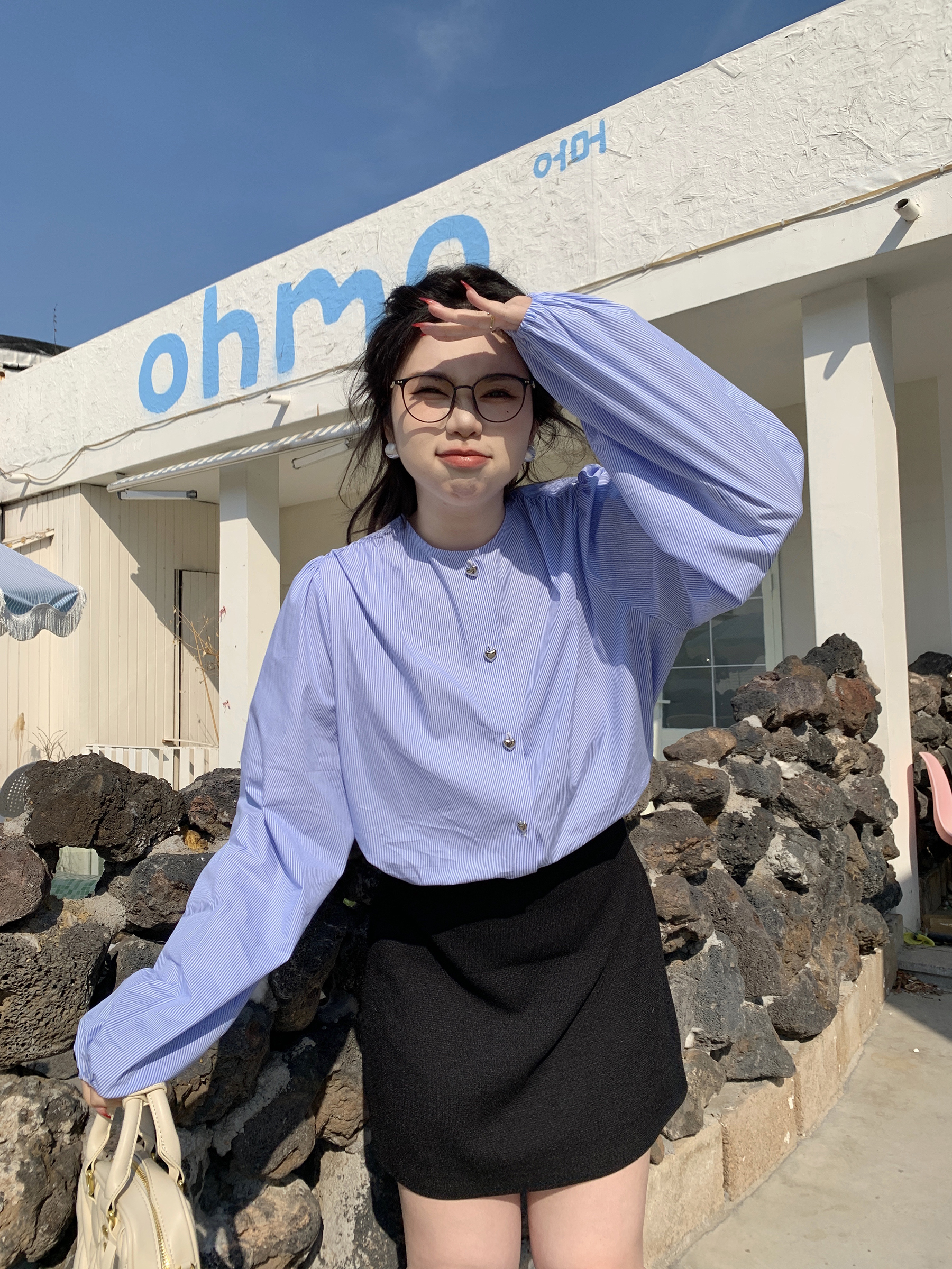 Plus Size Cute Academy Style Blue Striped Long Sleeve Shirt - Sea Salt Brandy Color, Round Neck, Slightly Chubby Fit