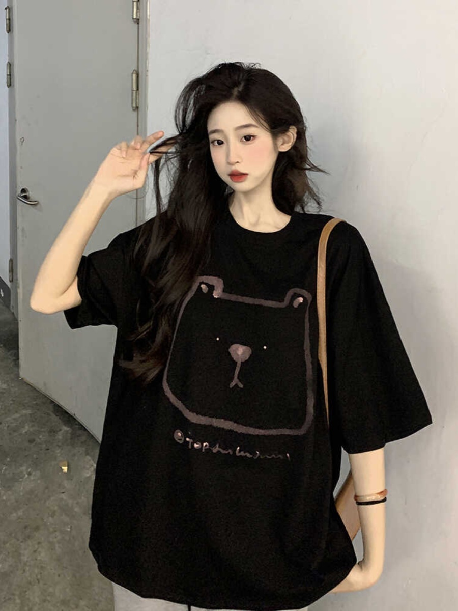Plus Size Hong Kong Style Bear Print Short Sleeve T-Shirt for Women, Loose Fit Pure Cotton Mid-Length Couple Top