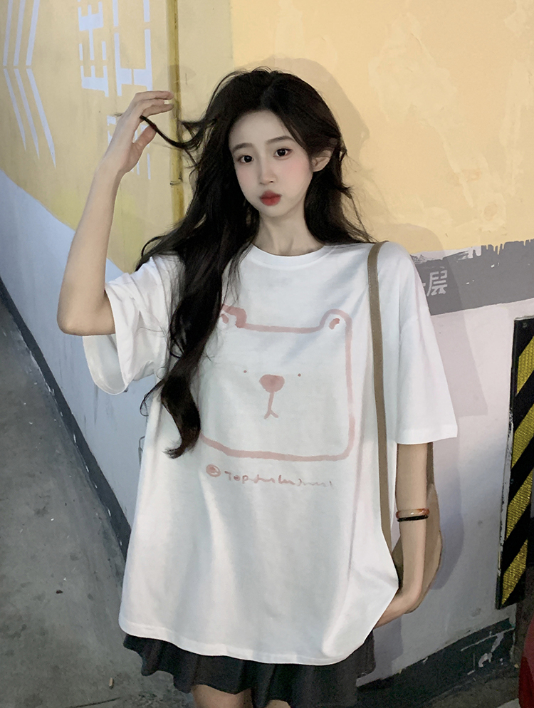 Plus Size Hong Kong Style Bear Print Short Sleeve T-Shirt for Women, Loose Fit Pure Cotton Mid-Length Couple Top