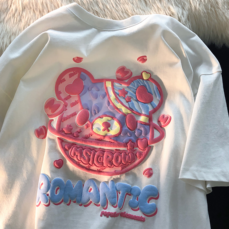Plus-Size Japanese Retro Tulip Short-Sleeve T-Shirt for Men and Women, Loose-Fitting Pure Cotton Summer Top, Y2K Style