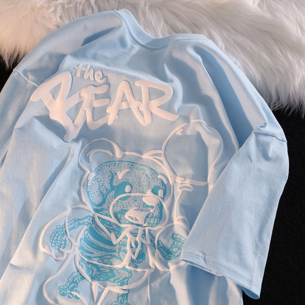 Plus Size Japanese-Style Retro Cartoon Bear Short Sleeve T-Shirt, Loose Fit for Couples, Pure Cotton, Casual Y2K Fashion