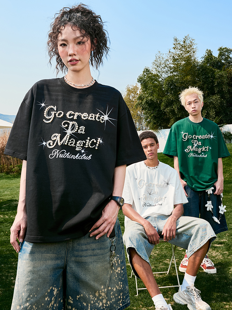 Plus Size Loose Pearl Letter Short Sleeve T-Shirt - American Vintage Unisex Summer Style 2025, Trendy Casual Wear for Y2K Fashion