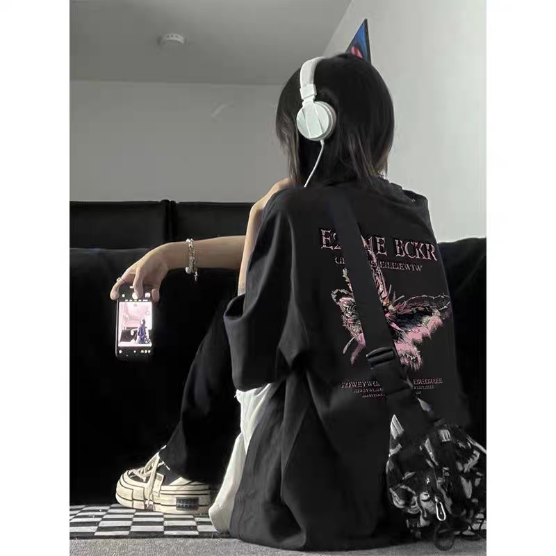 Plus Size Oversized Butterfly Print Cotton T-Shirt for Men and Women | American Style Loose Couple Top | Casual Streetwear