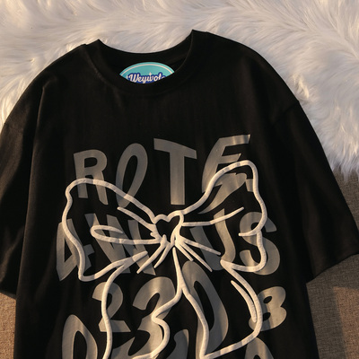 Plus Size Oversized Sweet and Spicy Letter Bow Design Short Sleeve T-Shirt for Couples, Cotton Casual Wear, Y2K Style