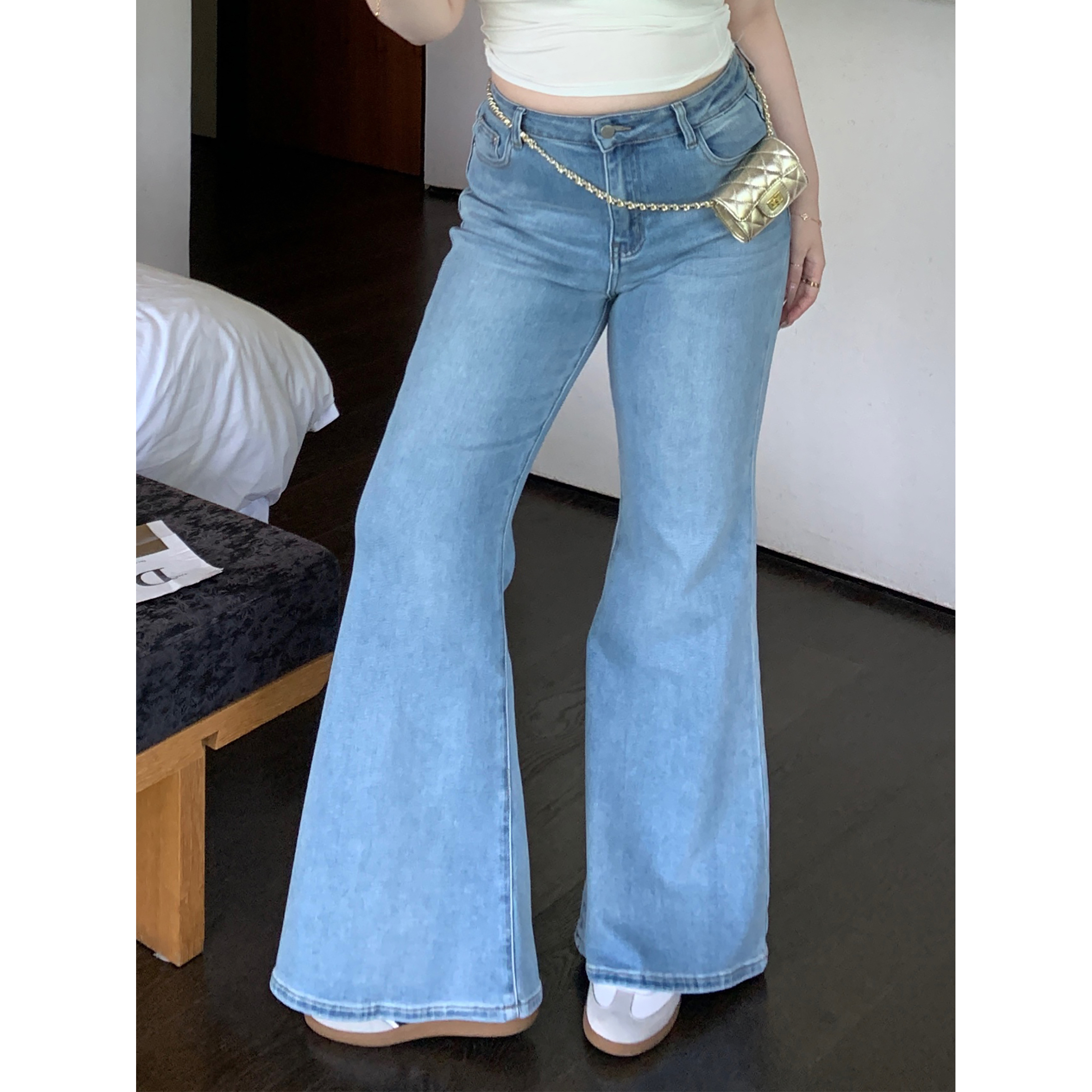 Plus-Size Retro Light Blue Stretchy Butt-Lifting Slim-Fit Flared Pants - Supermodel Shaping for a Chic 90s Look