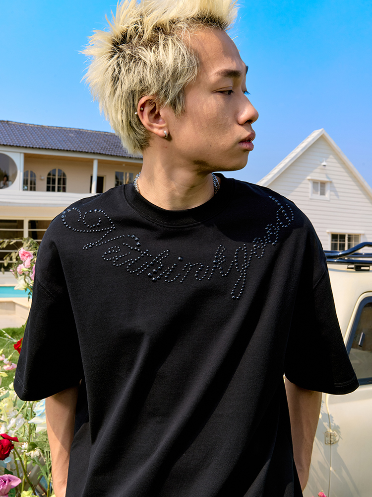 Plus Size Rhinestone Letter Short Sleeve T-Shirt for Men - American Vintage Trendy Heavyweight 90s Style 2025 Collection