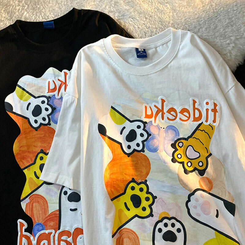 Plus Size Short Sleeve T-Shirt for Women, Summer Retro Cat Paw Print Top, Cute Casual Tee, Vintage Style, Trendy Women’s Fashion