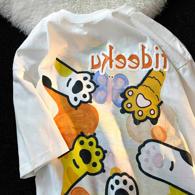 Plus Size Short Sleeve T-Shirt for Women, Summer Retro Cat Paw Print Top, Cute Casual Tee, Vintage Style, Trendy Women’s Fashion