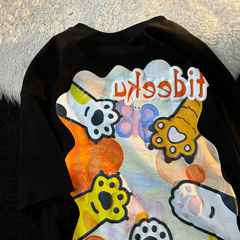 Plus Size Short Sleeve T-Shirt for Women, Summer Retro Cat Paw Print Top, Cute Casual Tee, Vintage Style, Trendy Women’s Fashion