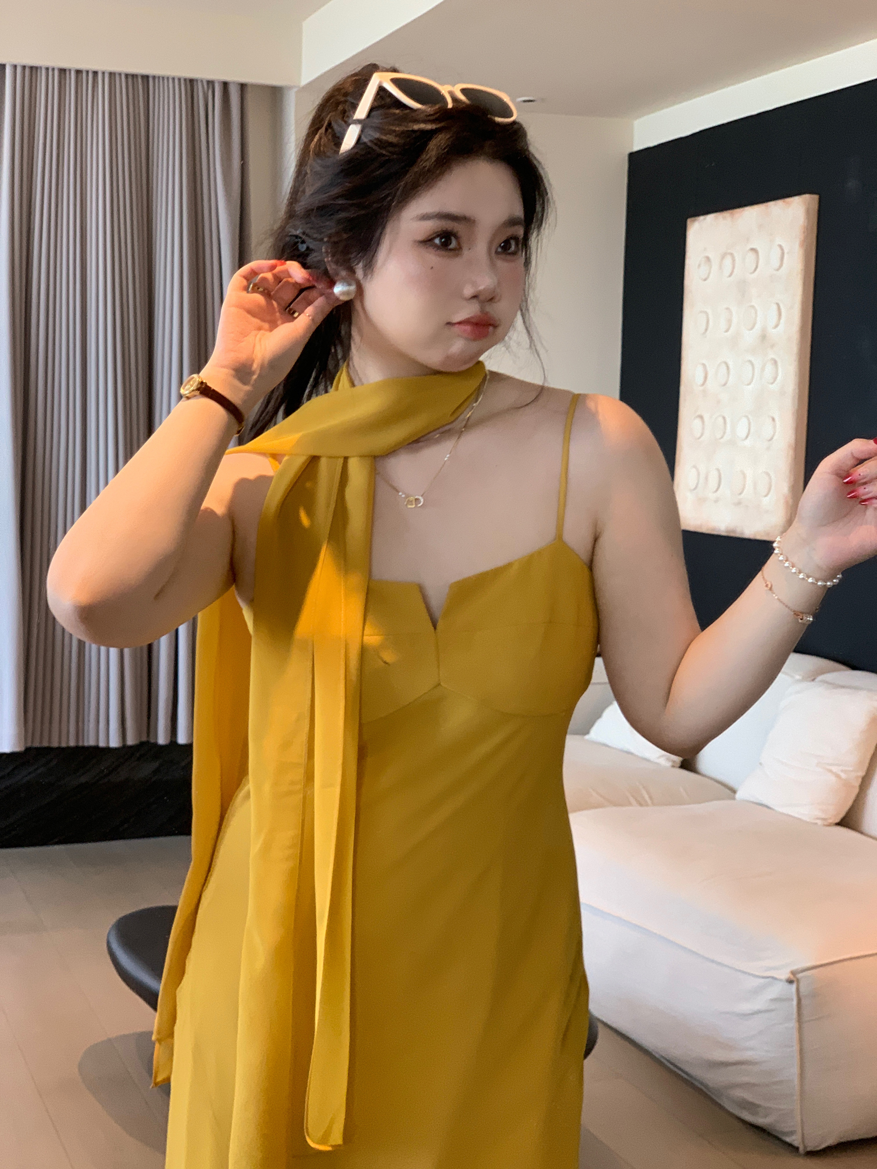 Plus Size Spaghetti Strap Beach Vacation Dress in Ginger Yellow, Flattering for Fair Skin, Slightly Chubby City Escape Style
