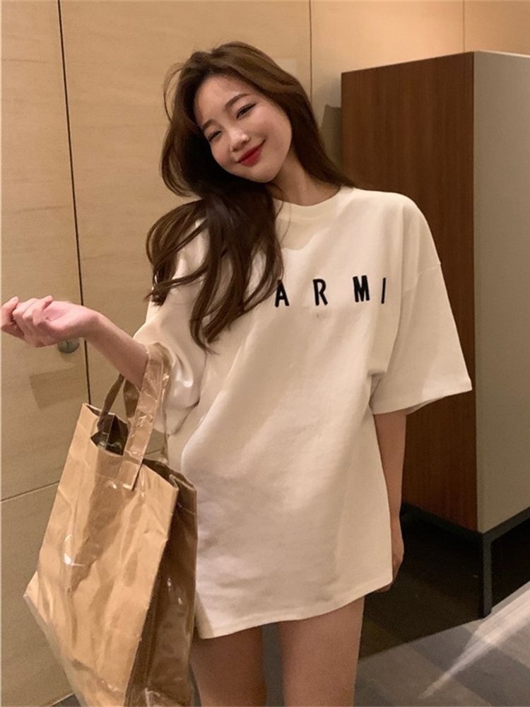 Plus Size Trendy White Cotton Short Sleeve T-Shirt for Women, Korean Style Loose Fit Mid-Length Top for Students