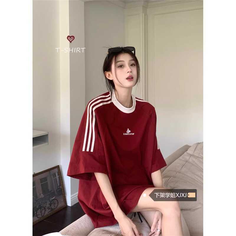Plus Size Women's American Retro Color-Blocked Striped Casual Cotton Short Sleeve T-Shirt - Loose Fit Mid-Length Top