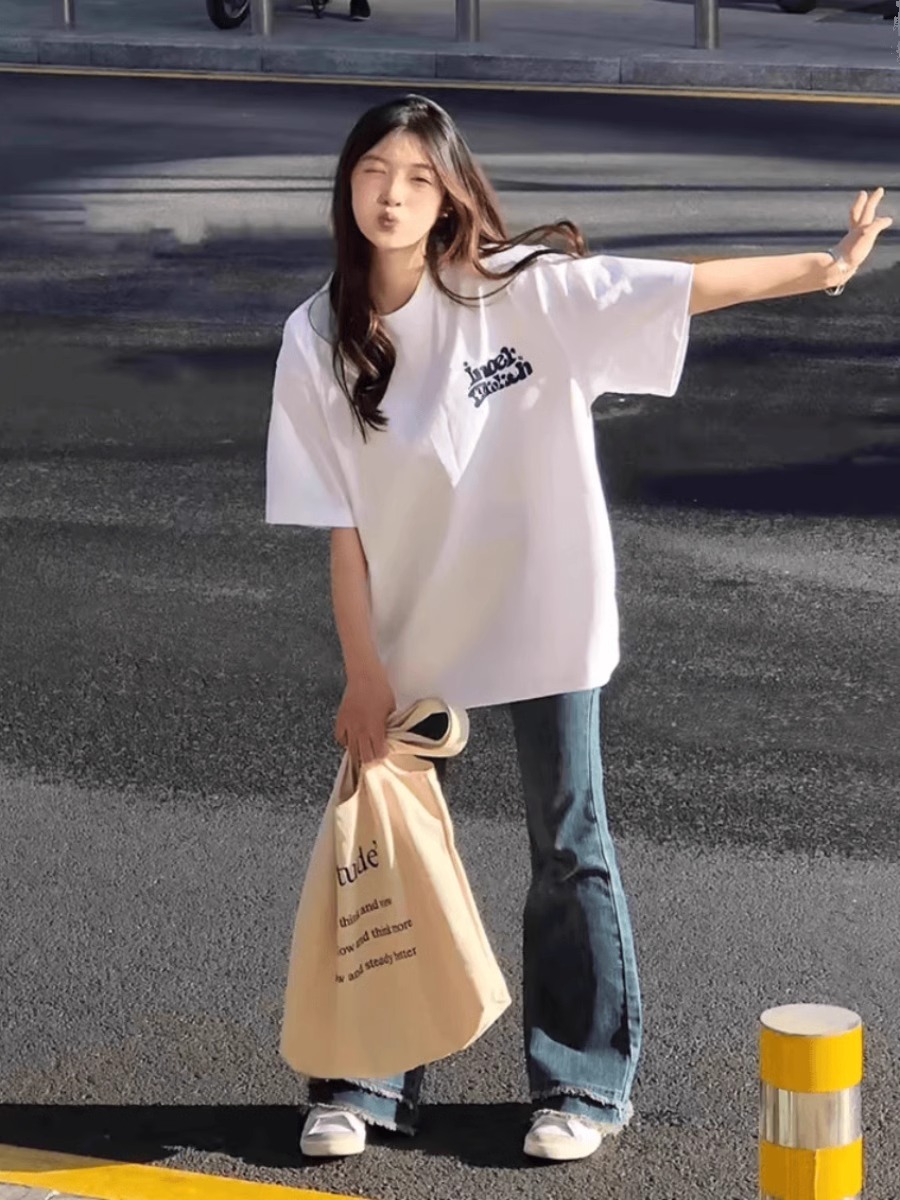 Plus Size Women's Vintage White Pure Cotton Short Sleeve T-Shirt - Loose High Street Minimalist Style Top