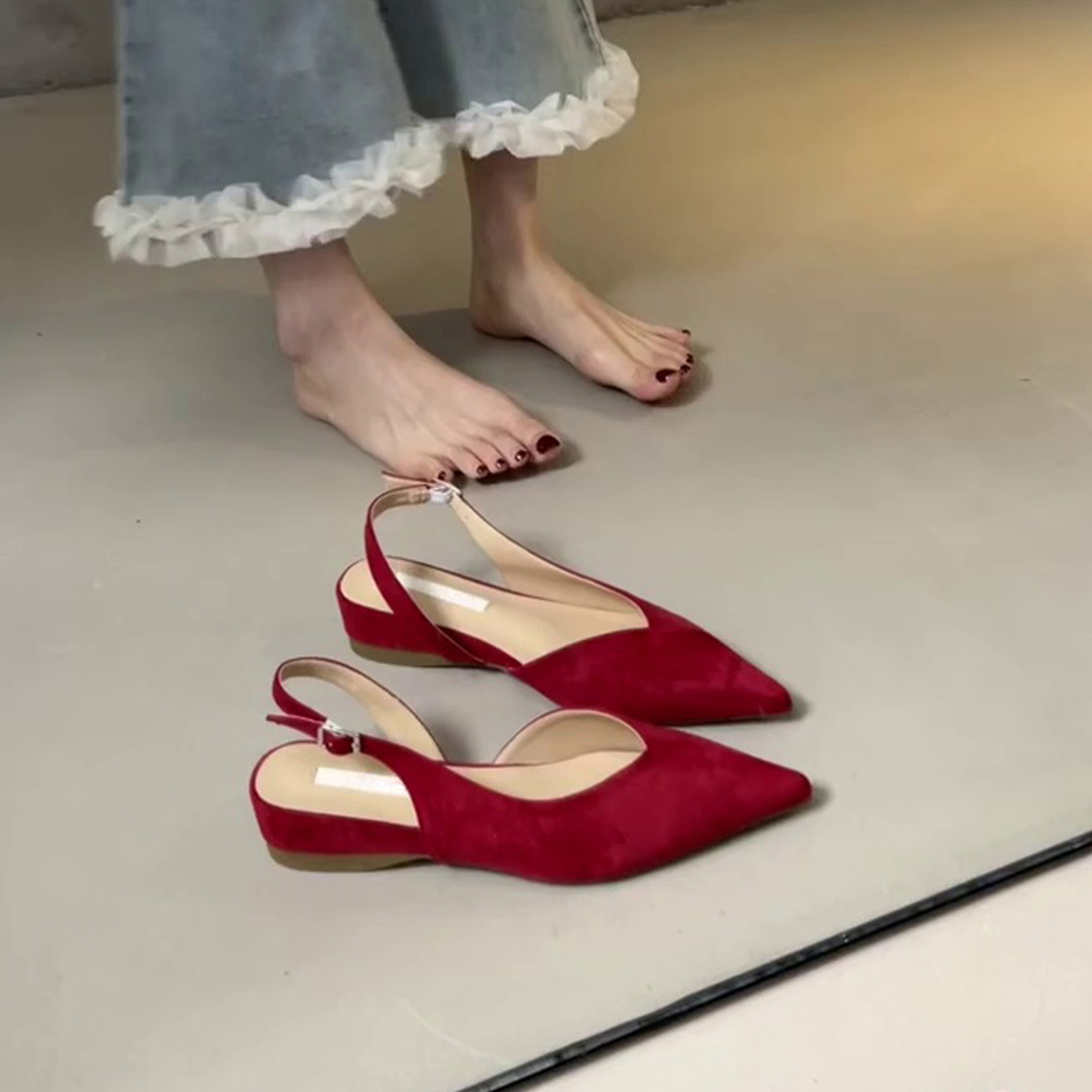 Pointed Toe Sheepskin Wedge Heeled Sandals for Women, French Minimalist Back Strap Evening Shoes, Chic Commuting Flats