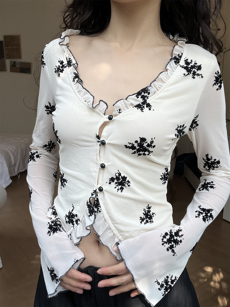Printed V-Neck Ruffled Slim Fit Long Sleeve Shirt - 2025 Women's Fashion Top with Hollow Design - Trendy Casual Style