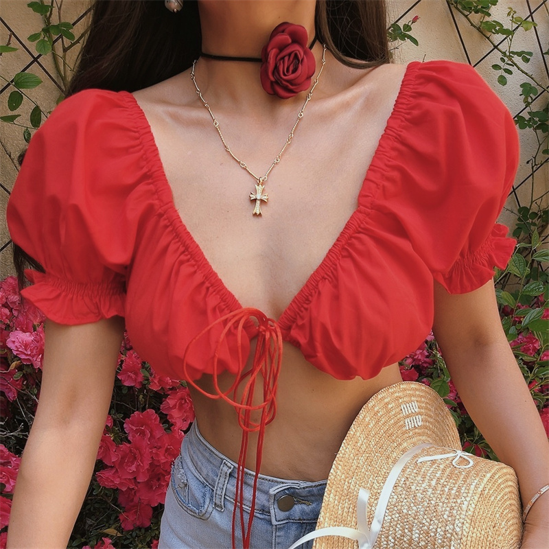 Puff Sleeve Deep V Tie Top - European & American Style, Ultra-Short Design for Spicy Girls, Perfect for Holiday and Night Out.