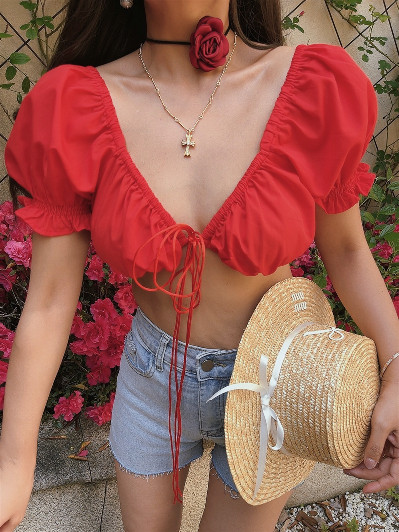 Puff Sleeve Deep V Tie Top - European & American Style, Ultra-Short Design for Spicy Girls, Perfect for Holiday and Night Out.