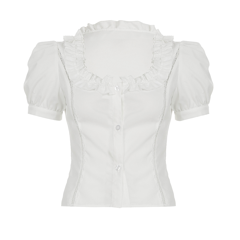 Puff Sleeve White Button-Up Blouse for Women with Square Collar and Waist Tie - French Style Elegant Shirt