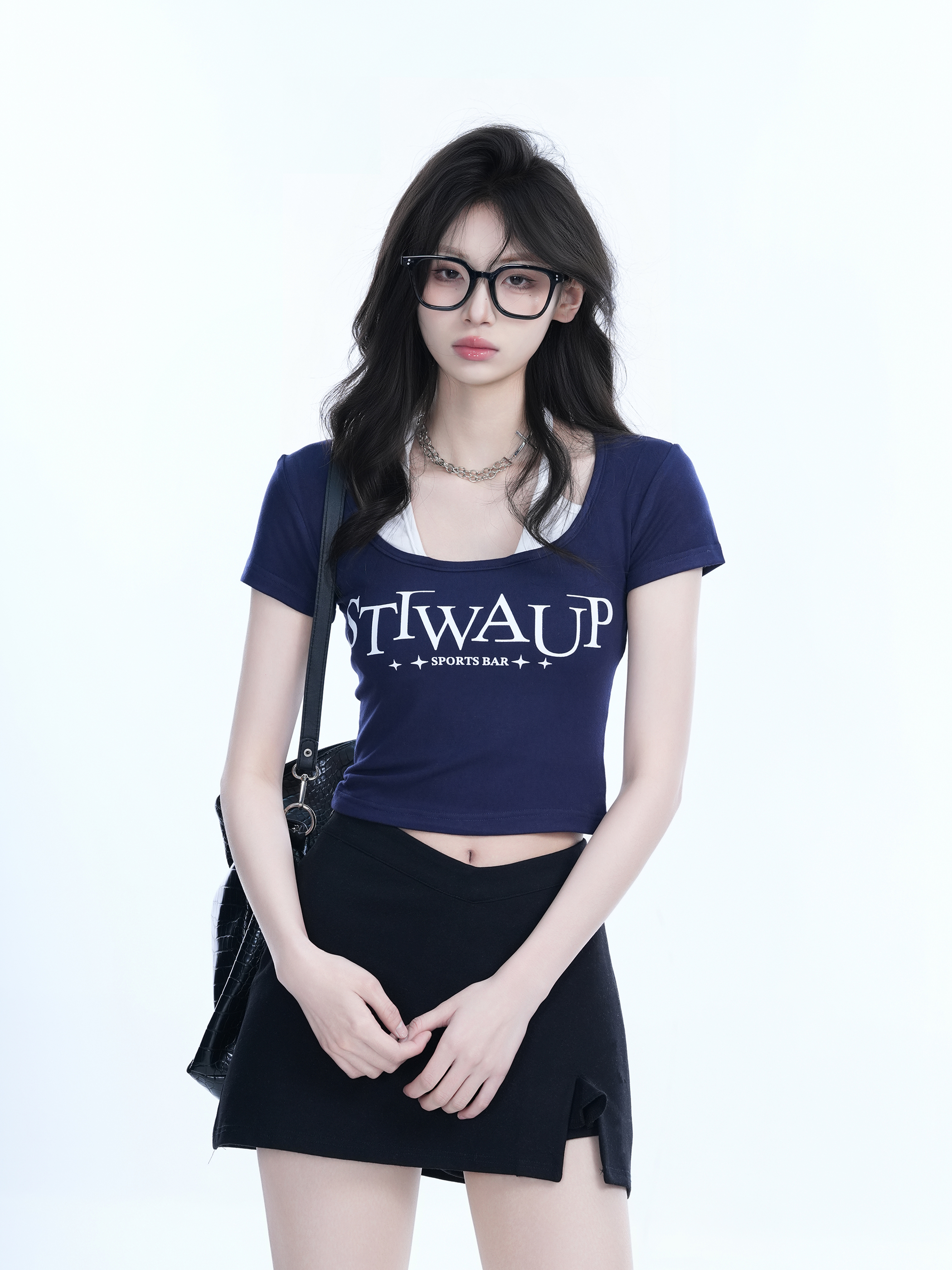 Pure Desire Style Neck Hanging Strap Short Sleeve T-Shirt for Women - Faux Two-Piece Slim Fit Top, Perfect for Y2K and Casual Wear