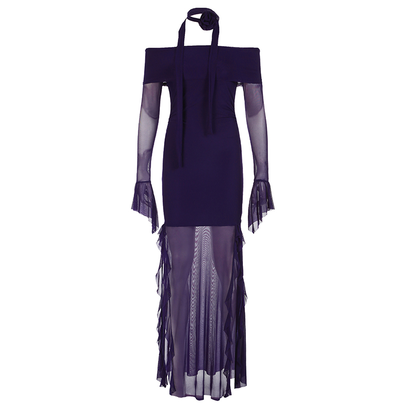 Purple Charm Off-Shoulder Sheer Long Dress with Bell Sleeves - Women’s Bodycon Dress, Elegant Evening Wear, Trendy Fashion