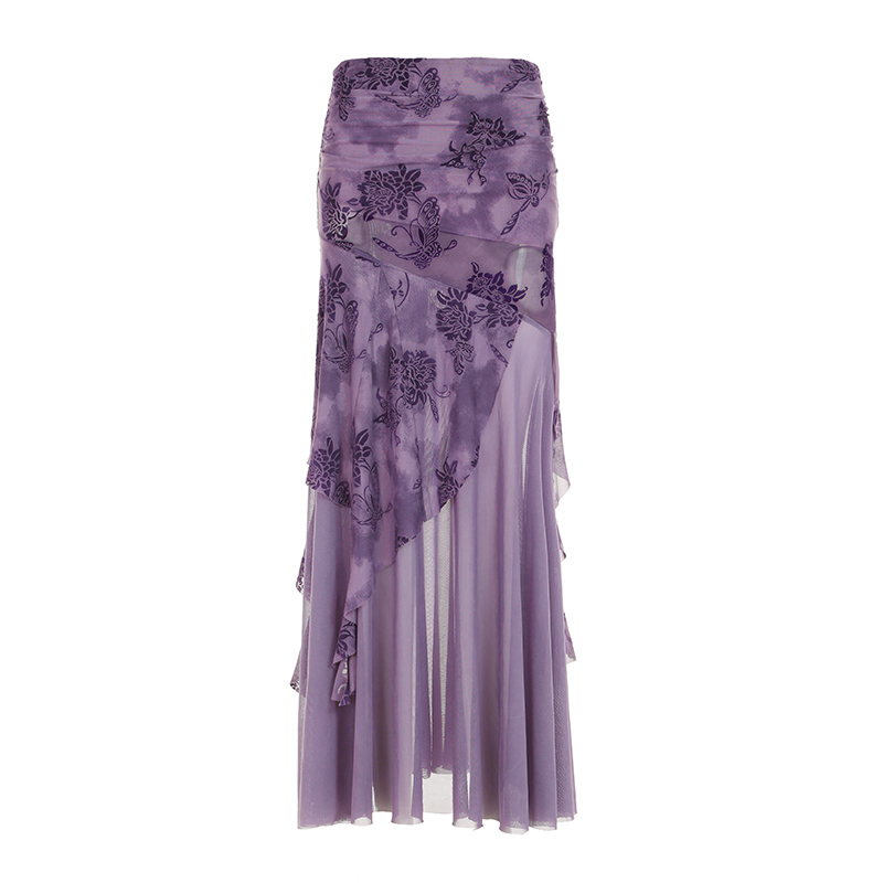 Purple Charm Printed Irregular Hem Mermaid Long Skirt with Elegant Neck Tie Top Set - Y2K Inspired Fashion Outfit