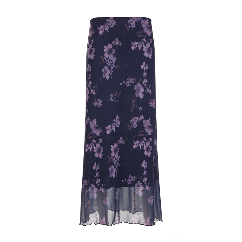 Purple Floral Mesh Long Skirt - Women's Retro Chinese Style Low Waist Vintage Maxi Skirt, Y2K Inspired Fashion