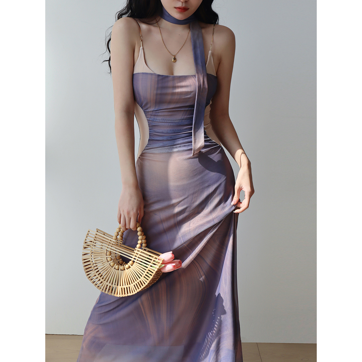 Purple Off-Shoulder Sling Dress for Women - French Vacation Style Island Oil Painting Design, Sexy Slim Fit Long Dress