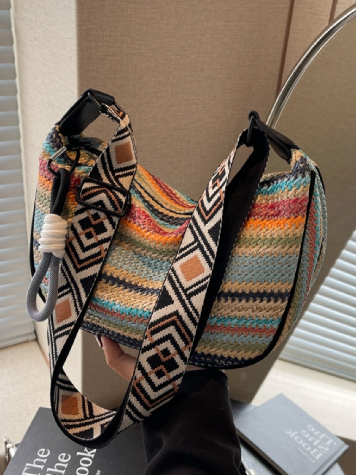 Rainbow Straw Woven Bag for Women - Large Capacity Beach Crossbody Dumpling Bag for Summer Commuting and Vacation