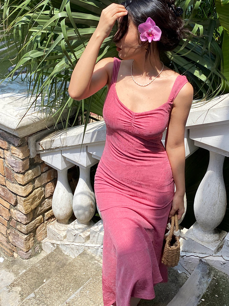 Raspberry Jacquard Diagonal Strap Dress - Vintage Slim-Fit Tank Dress in French Style, 90s Inspired Fashion