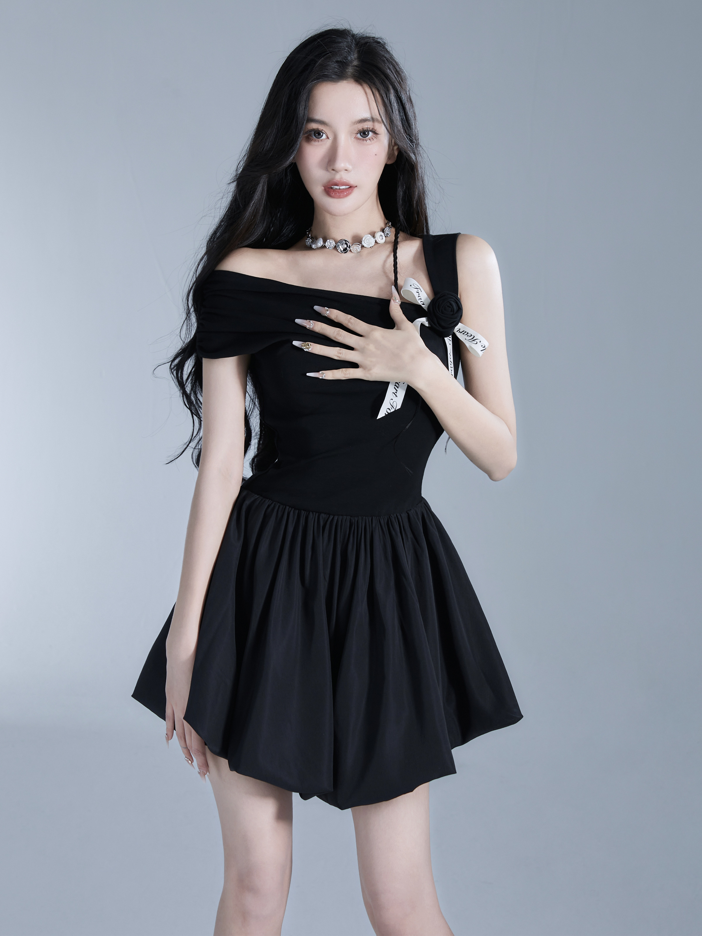 Rebellious Heiress French Banquet Rose Dress with Knitted Asymmetrical Puff Skirt - Vintage-Inspired Y2K Fashion Statement