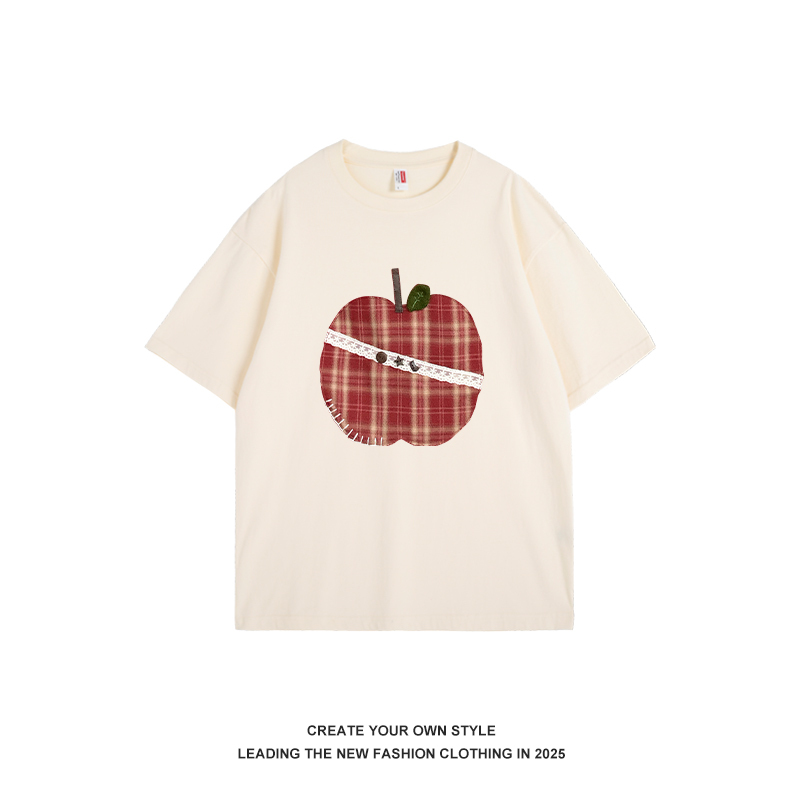 Red Apple Oversized Short Sleeve T-Shirt for Women - Casual American Style Summer Top, 2025 Fashion Trend