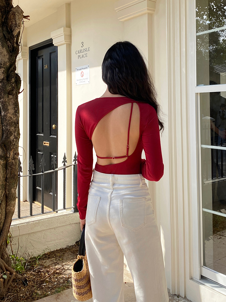 Red Hollow Out Round Neck Bodysuit for Women - Sexy Backless Long Sleeve Tight T-Shirt with Chest Pad - Y2K Fashion