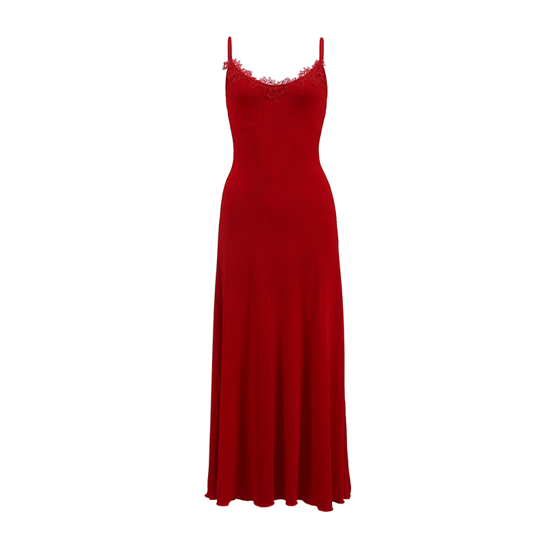 Red Lace Spaghetti Strap Dress - Fitted Waist, Long French Vacation Style with Built-In Chest Pad, Perfect for Summer Events