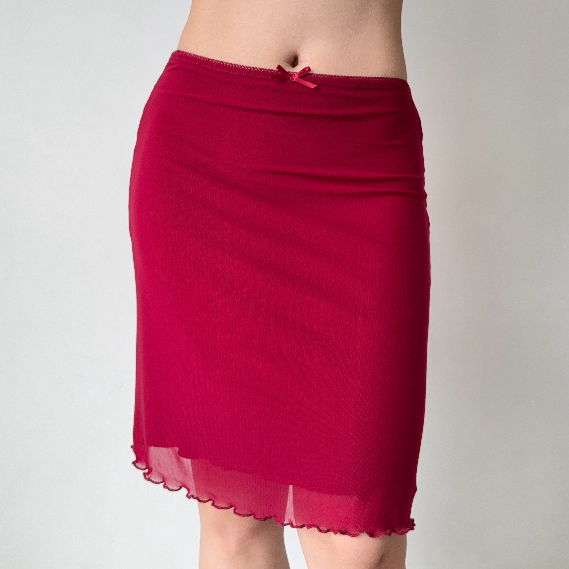 Red Mesh Half Skirt Summer Dress with Drape Detail - Self-Made European & American Style Bodycon Fashion