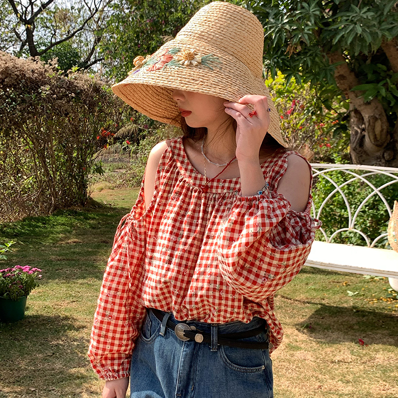 Red Plaid Floral Off-Shoulder Shirt Women's Summer Loose Long Sleeve Top - Vintage Style, 90s Inspired, Trendy Fashion Piece