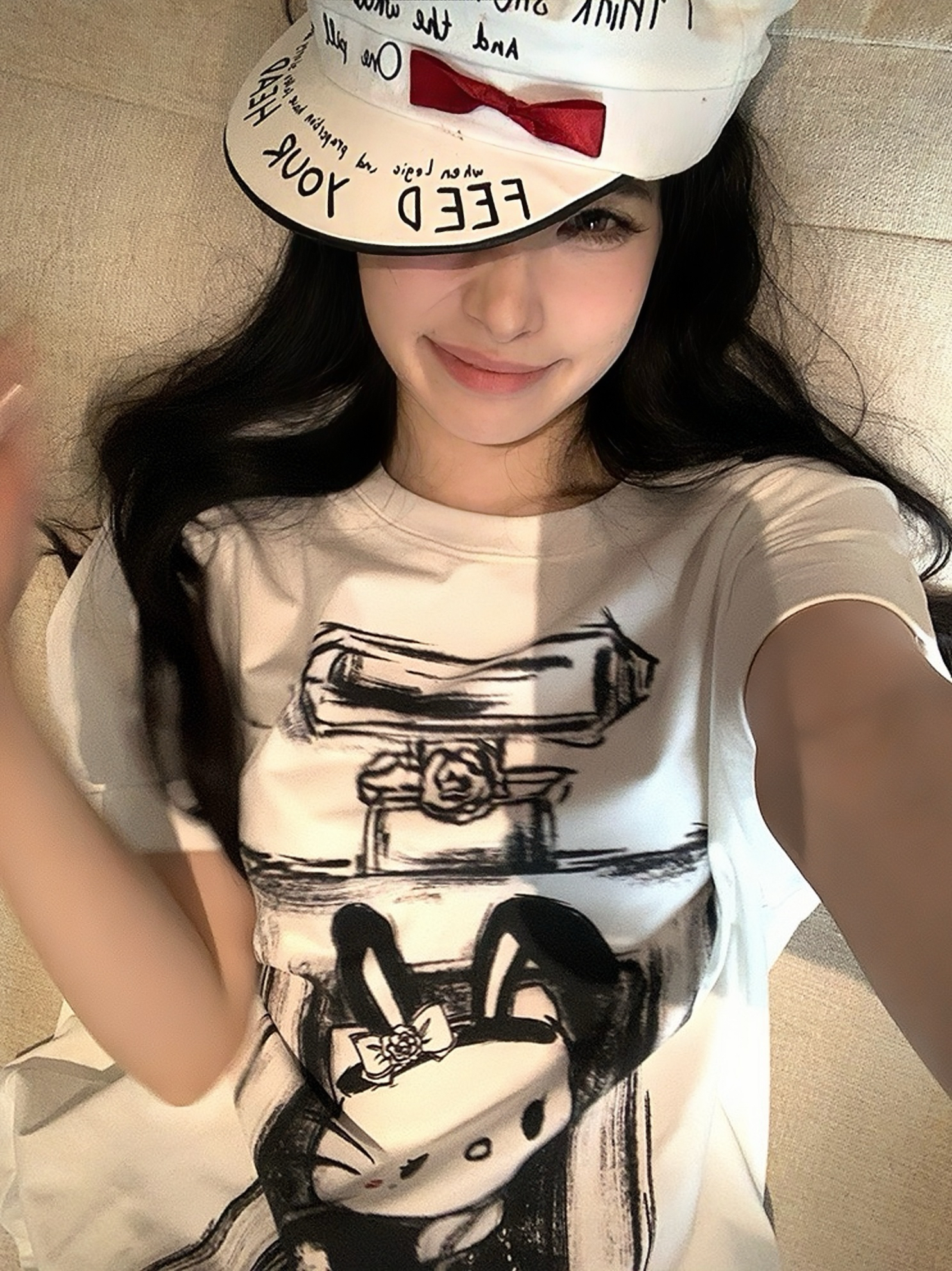 Relaxed Cat Sauce White Oversized Short Sleeve T-Shirt for Women - Casual and Comfy Graphic Tee