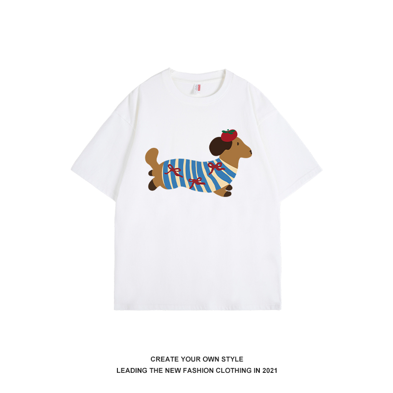 Retro American Sausage Dog Print Short Sleeve Women's T-Shirt - Vintage-Inspired Spring/Summer Casual Style