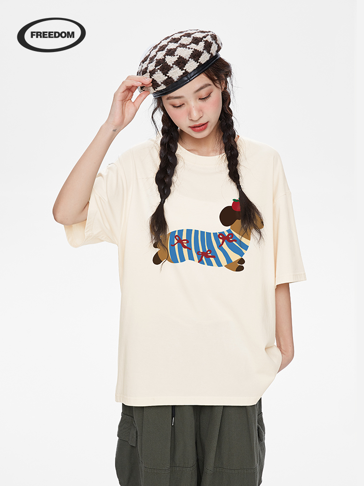 Retro American Sausage Dog Print Short Sleeve Women's T-Shirt - Vintage-Inspired Spring/Summer Casual Style
