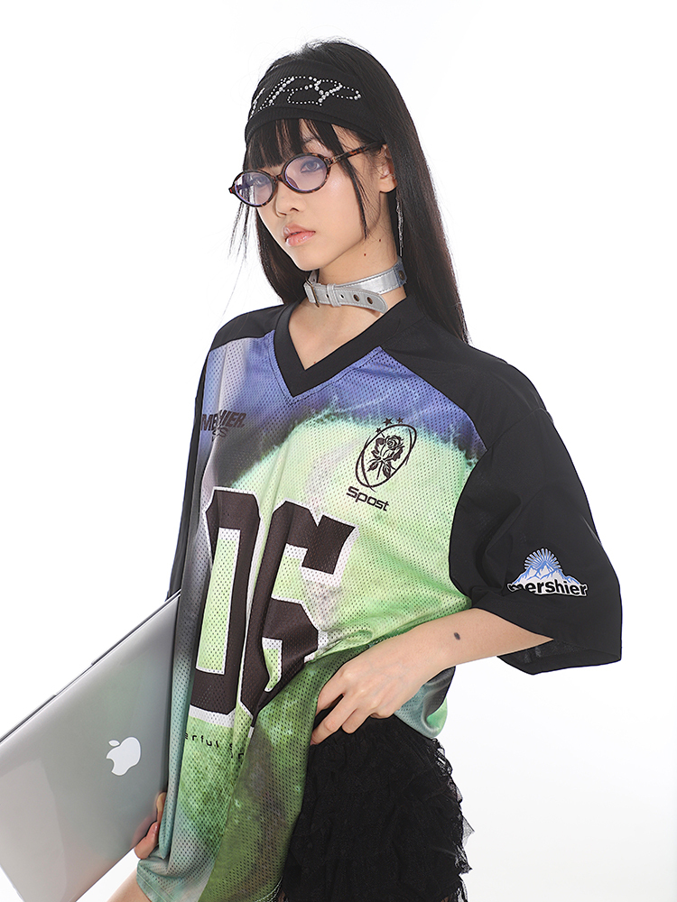 Retro American Sports Loose Jersey Football T-Shirt - Short Sleeve Spliced Mesh Top for Summer Street Style
