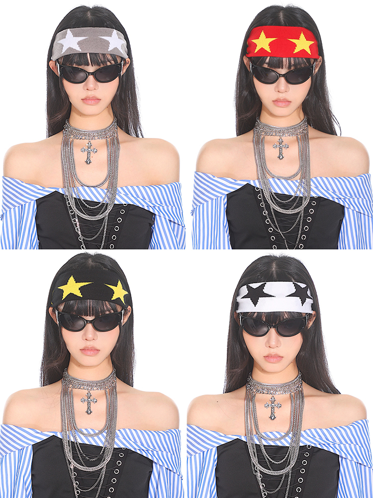 Retro American Style Color Block Fitness Headband for Men and Women - Five-Pointed Star Design, Y2K Sports Accessories