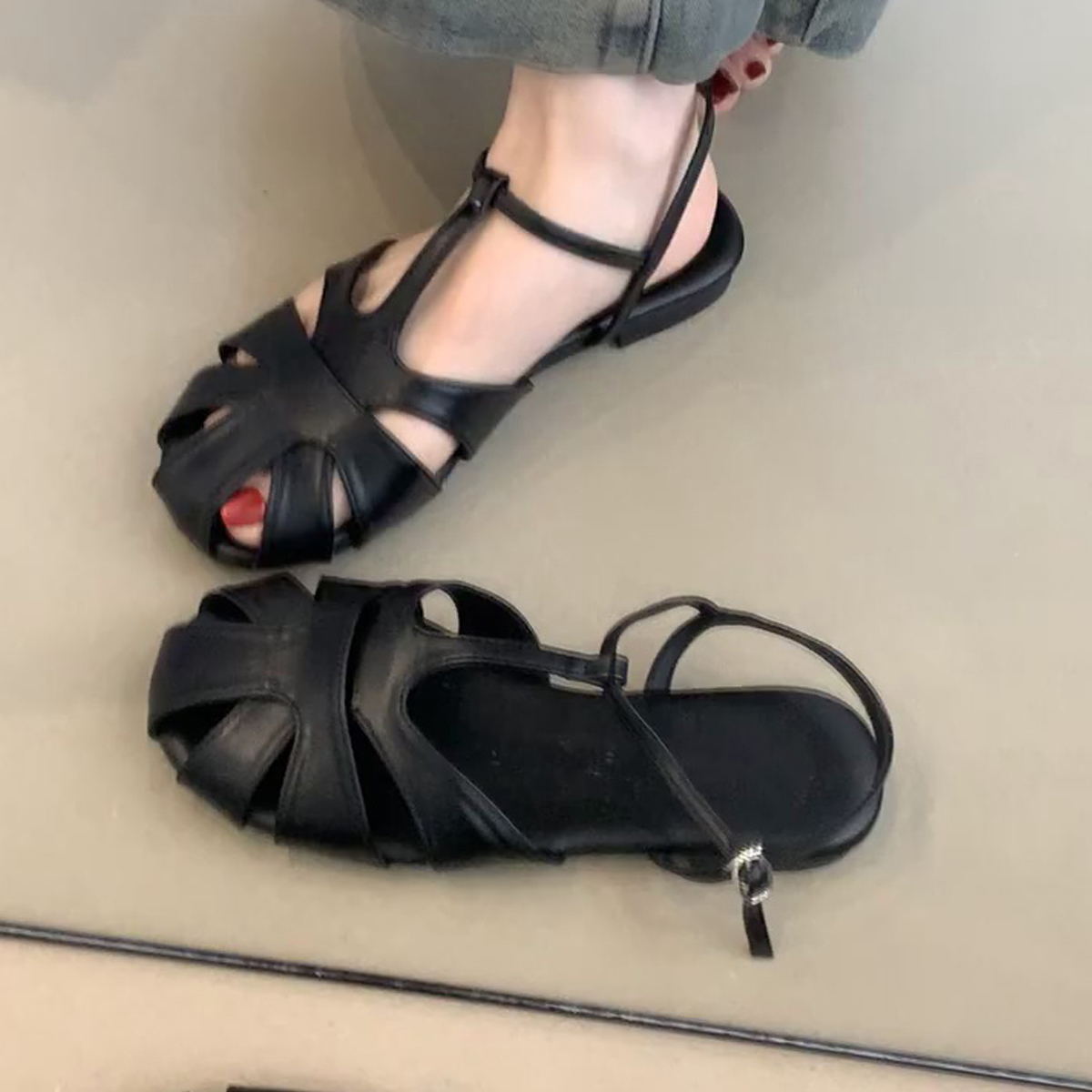 Retro Artistic Hollow-Out Buckle Sandals for Women - Sheepskin Woven Flat Roman Shoes, Casual Pig Cage Style