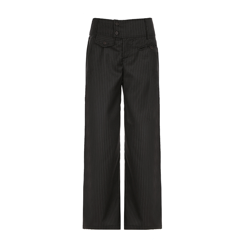 Retro Asymmetrical Pocket Striped Wide-Leg Pants for Women - Vintage British Style Loose Fit Straight-Leg Trousers