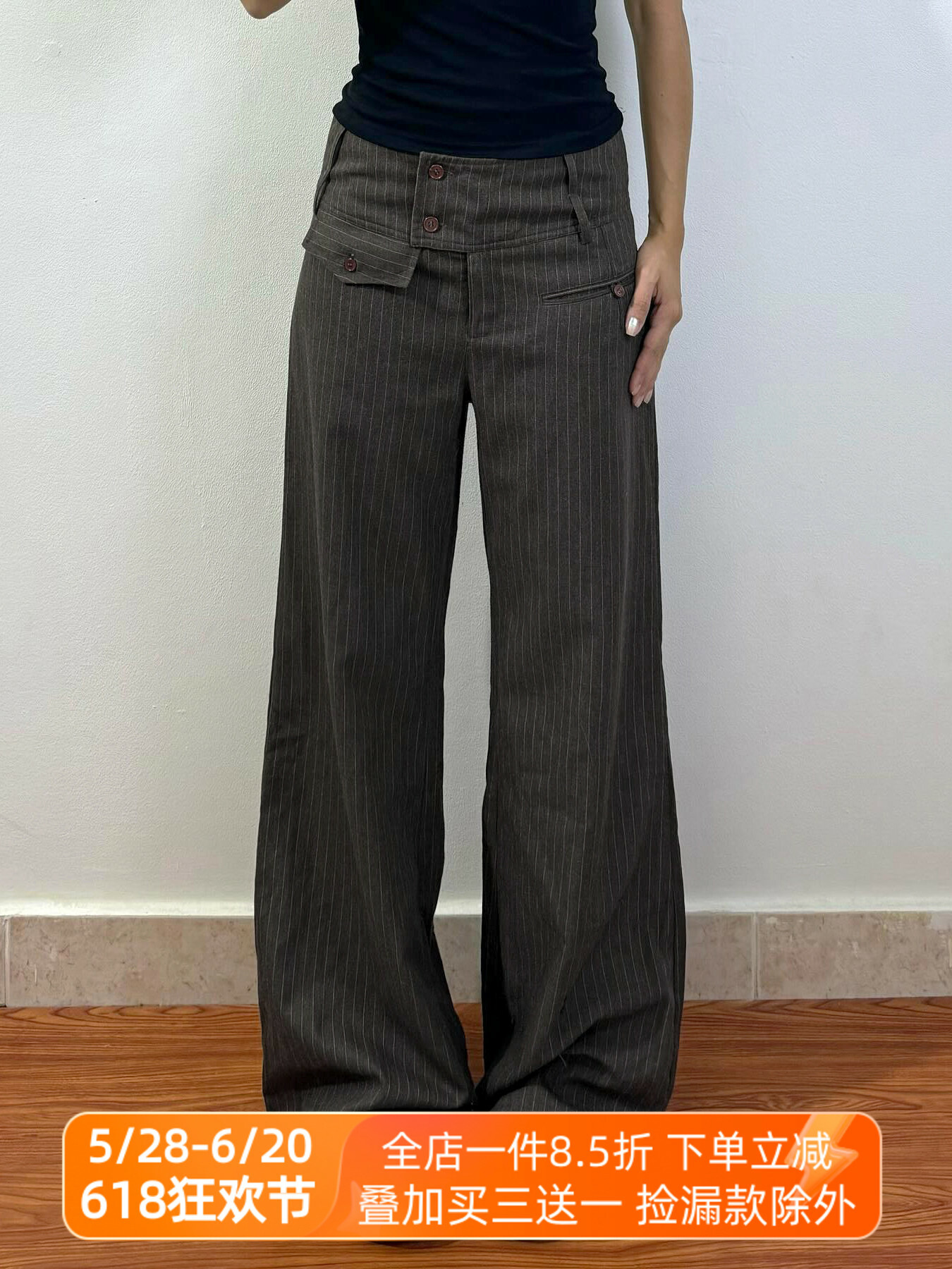 Retro Asymmetrical Pocket Striped Wide-Leg Pants for Women - Vintage British Style Loose Fit Straight-Leg Trousers