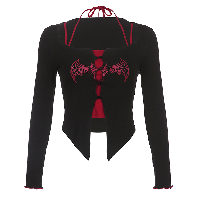 Retro Black and Red Color-Block Bat Print Two-Piece Set for Women with Irregular Hem and Camisole Top - European American Style