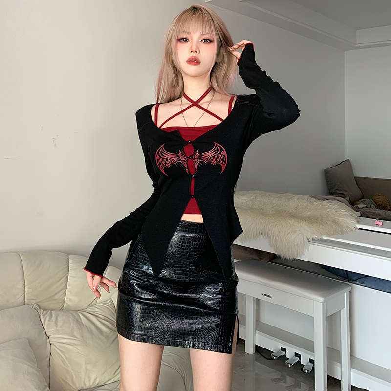Retro Black and Red Color-Block Bat Print Two-Piece Set for Women with Irregular Hem and Camisole Top - European American Style