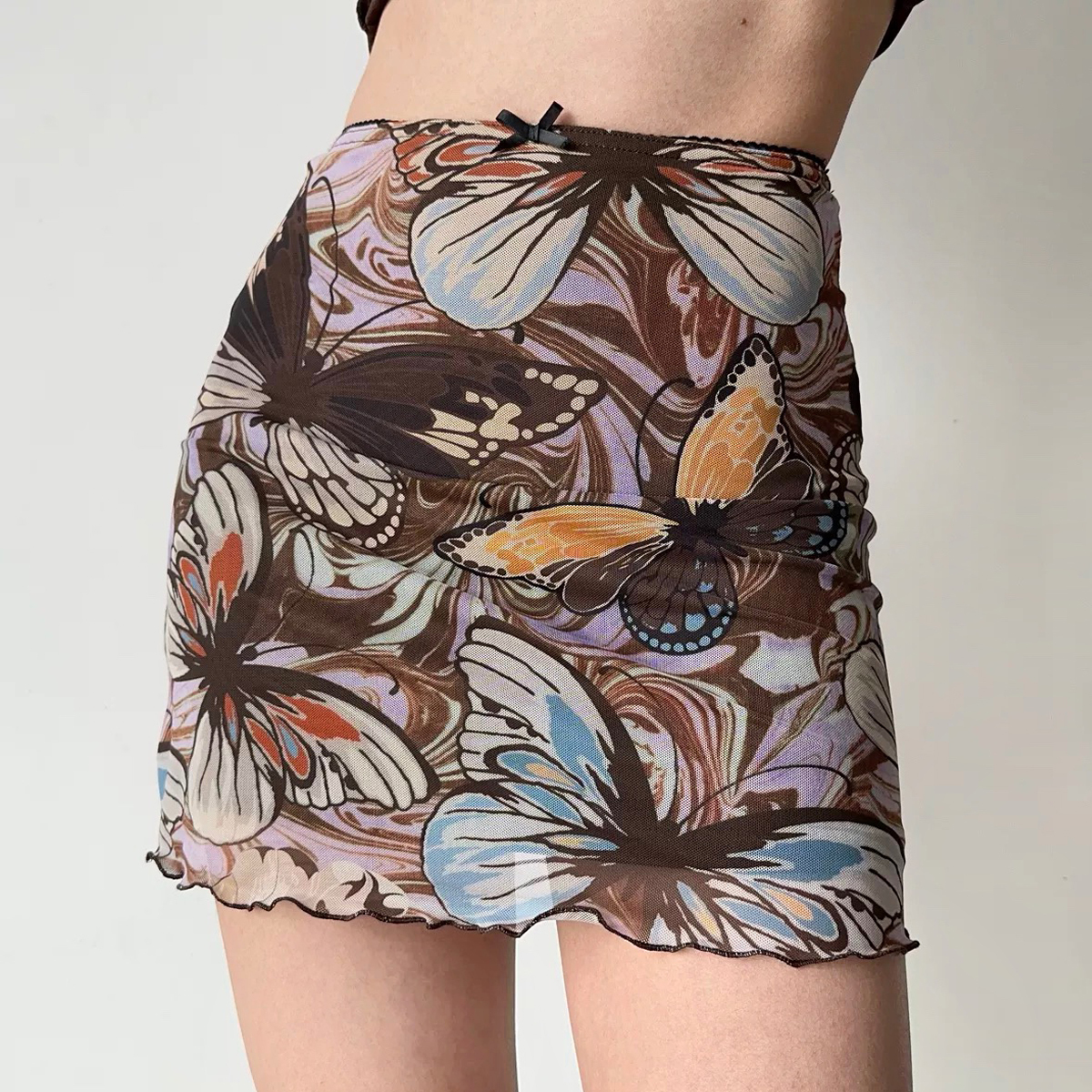 Retro Butterfly Print Mesh High-Waisted Bodycon Mini Skirt for Women, DIY European American Style Summer Fashion