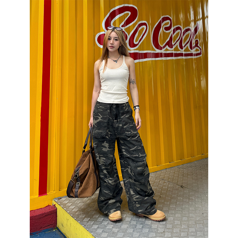 Retro Camouflage Straight Tube Pleated Pants with Waist Belt - Casual Loose Fit Long Pants for Y2K Style and Workwear