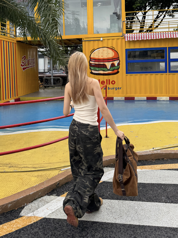 Retro Camouflage Straight Tube Pleated Pants with Waist Belt - Casual Loose Fit Long Pants for Y2K Style and Workwear