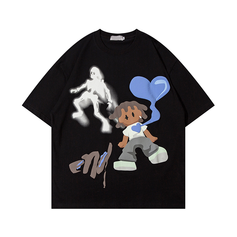 Retro Cartoon Pattern Casual Couple Short Sleeve T-Shirt - American Style Versatile Y2K Fashion