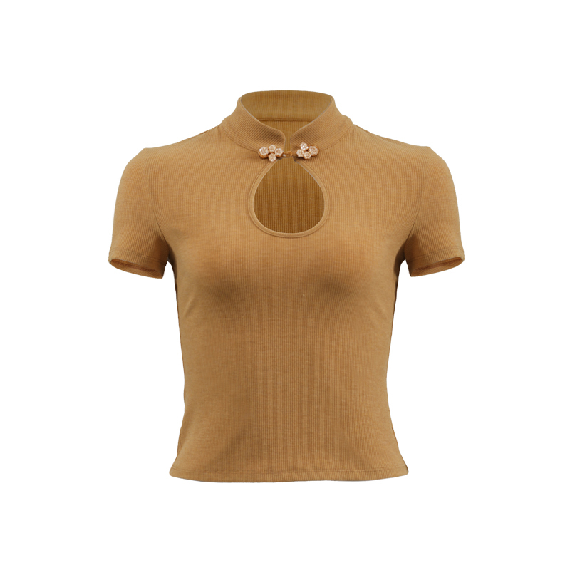 Retro Chinese Style Hollow Button Short Sleeve T-Shirt with Qipao Collar - Women's Slim Fit Top